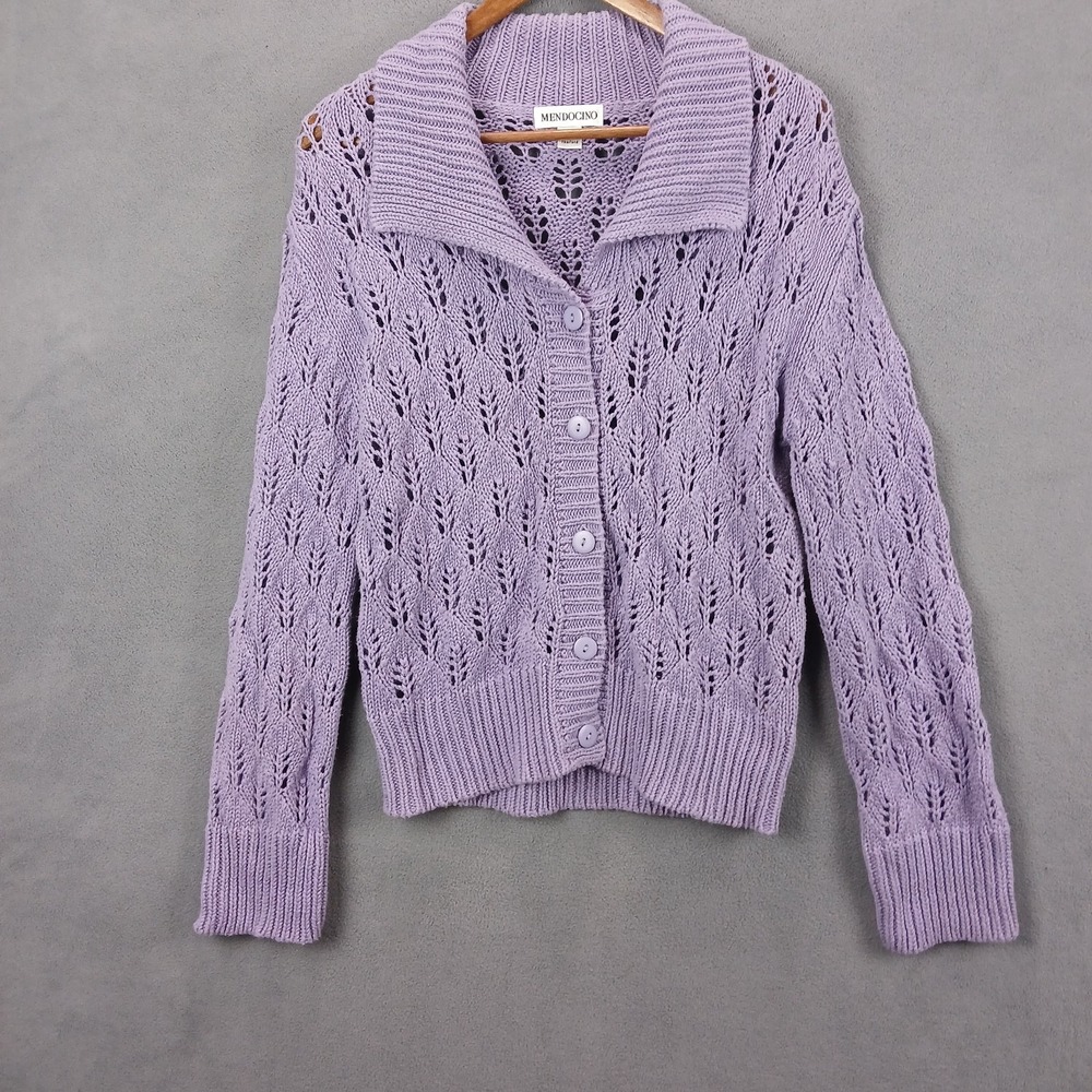 Mendocino Cardigan Sweater Womens Large Purple Open Knit Ribbed Warm Wear Winter